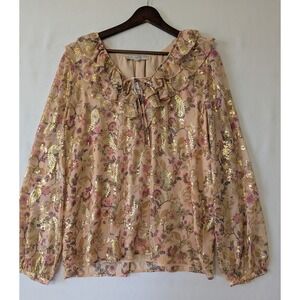 LOFT Womens Floral Ruffle‎ Neck Long Sleeve Blouse Gold Pink Metallic Size XLNew